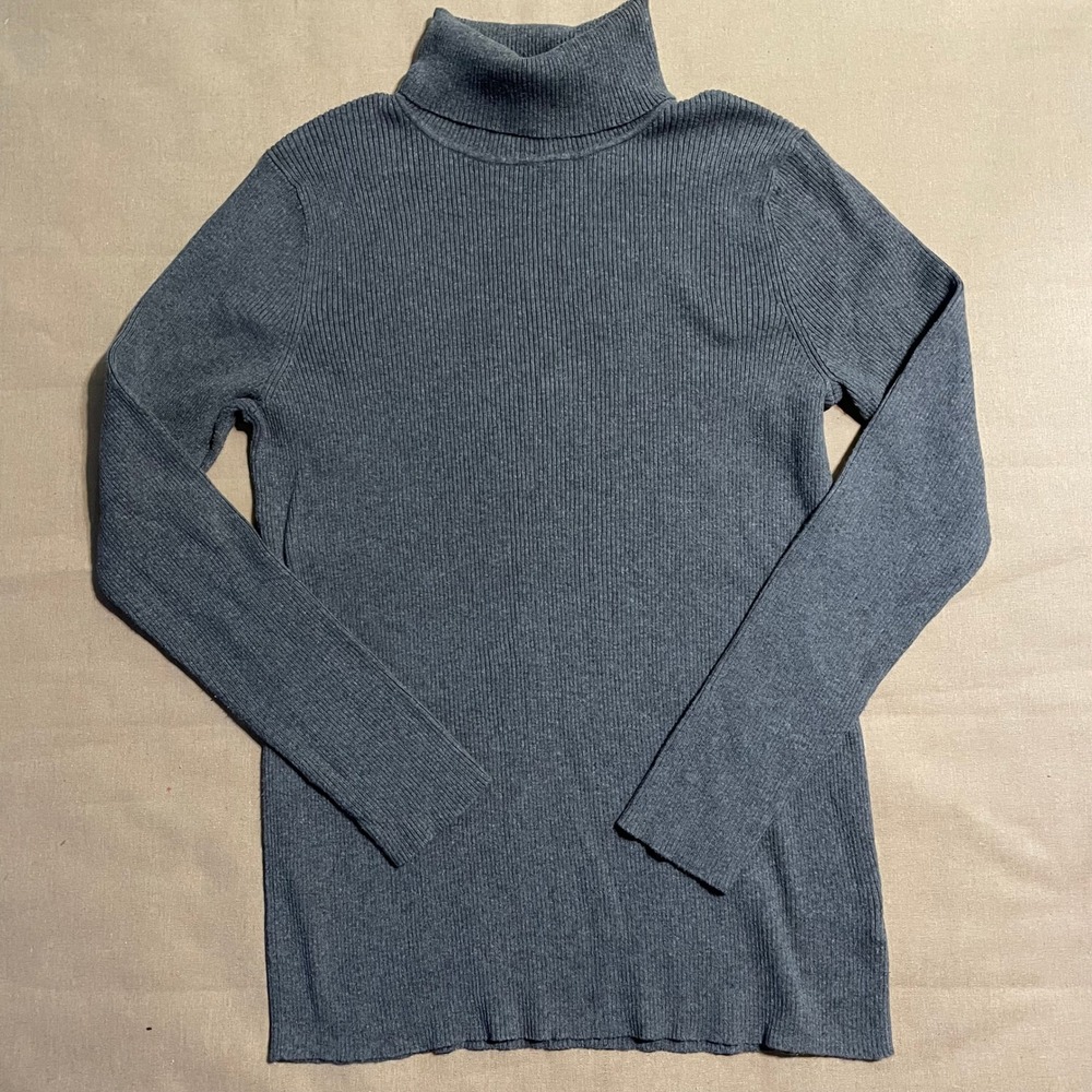 Lands' End Knit Ribbed Turtleneck Women's Size L Gray Cotton Preppy Academia